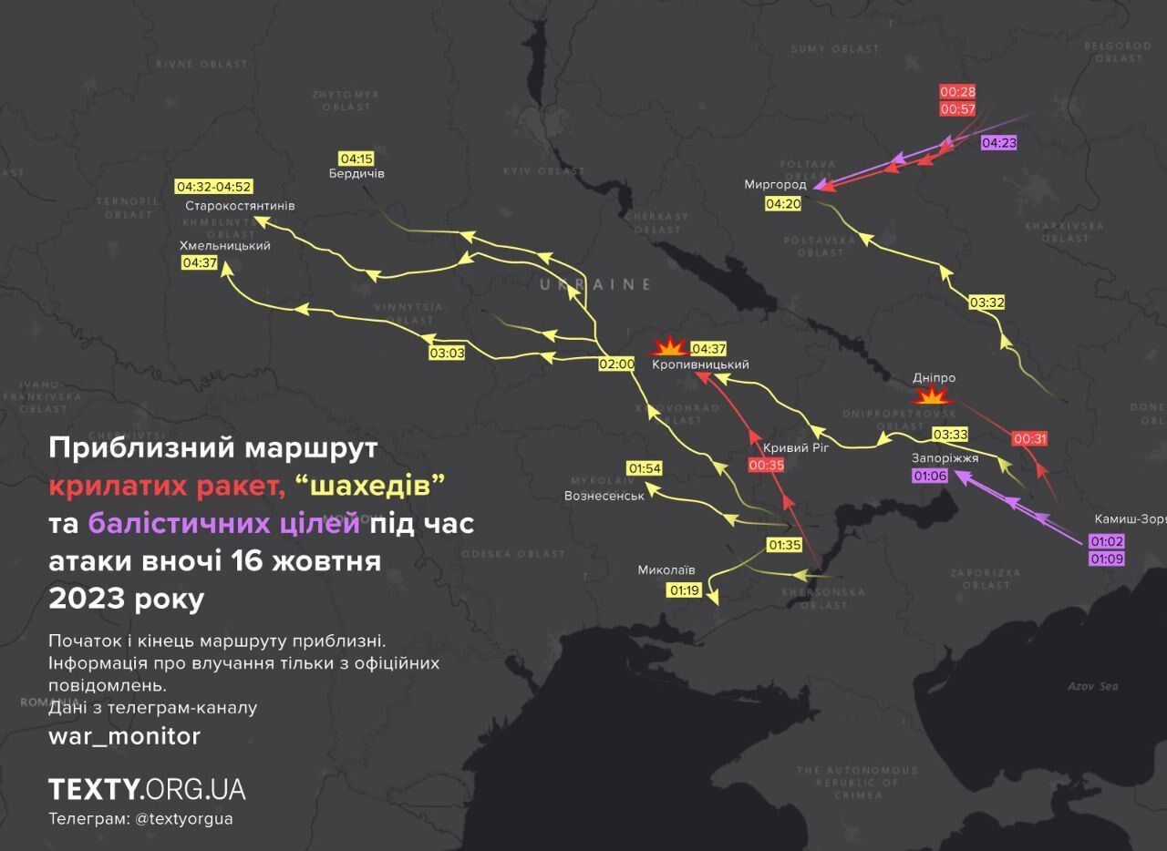 Оккупанты ночью запустили по Украине 6 ракет и 12 дронов, 13 целей сбили силы ПВО. Карта