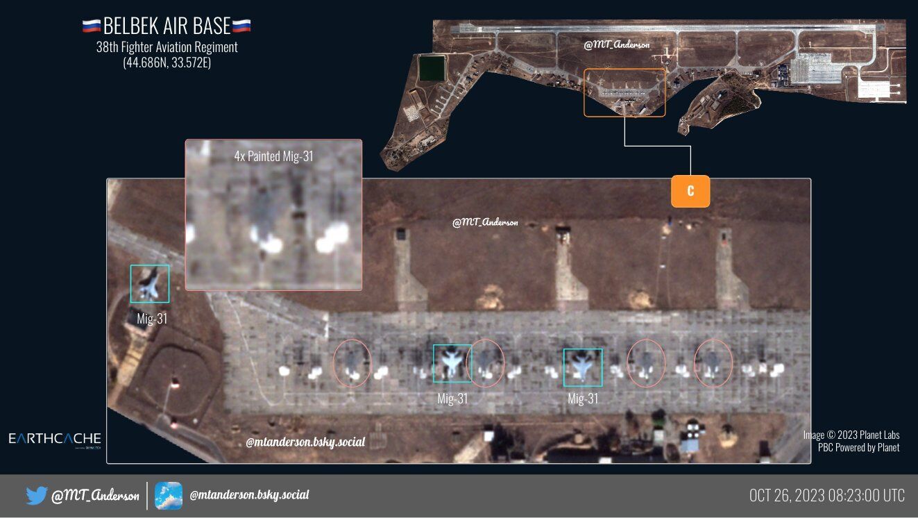Оккупанты нарисовали самолеты МиГ-31 на аэродроме "Бельбек" в Крыму. Спутниковые фото