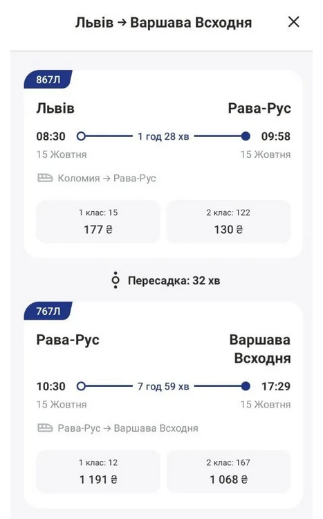 Скільки коштують квитки зі Львова до Варшави