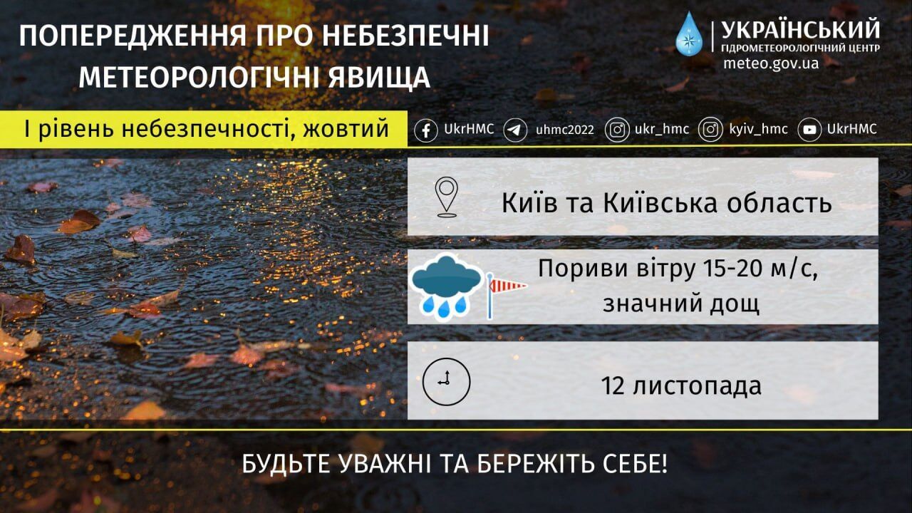 Дощ, пориви вітру та до +12°С: прогноз погоди по Київщині 11 листопада