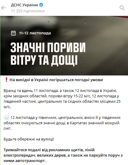 На вихідних в Україні погіршаться погодні умови: рятувальники попередили про сильні пориви вітру в окремих регіонах