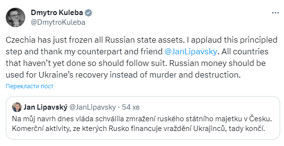 Кулеба подякував уряду Чехії за рішення конфіскувати активи РФ