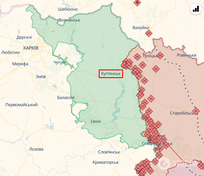 Куп'янськ на карті бойових дій