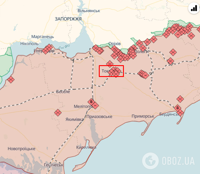 Токмак на карті лінії фронту