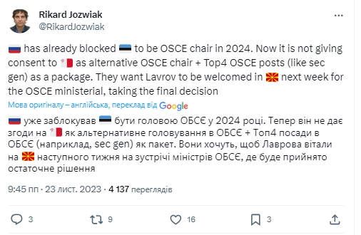 Росія заблокувала головування Мальти у ОБСЄ: просять про переговори з Лавровим