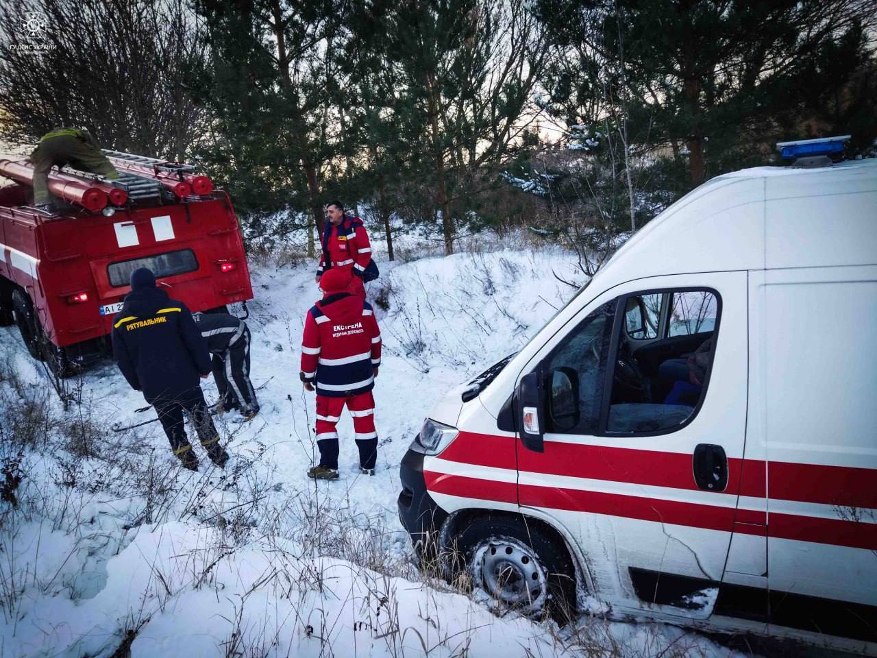 На Київщині швидка, яка везла хворого до лікарні, застрягла у сніговому заметі. Фото