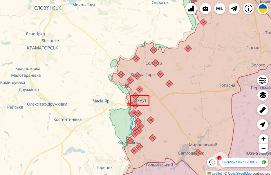 Бахмут на карті бойових дій