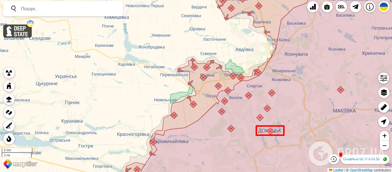 Донецьк на карті лінії фронту