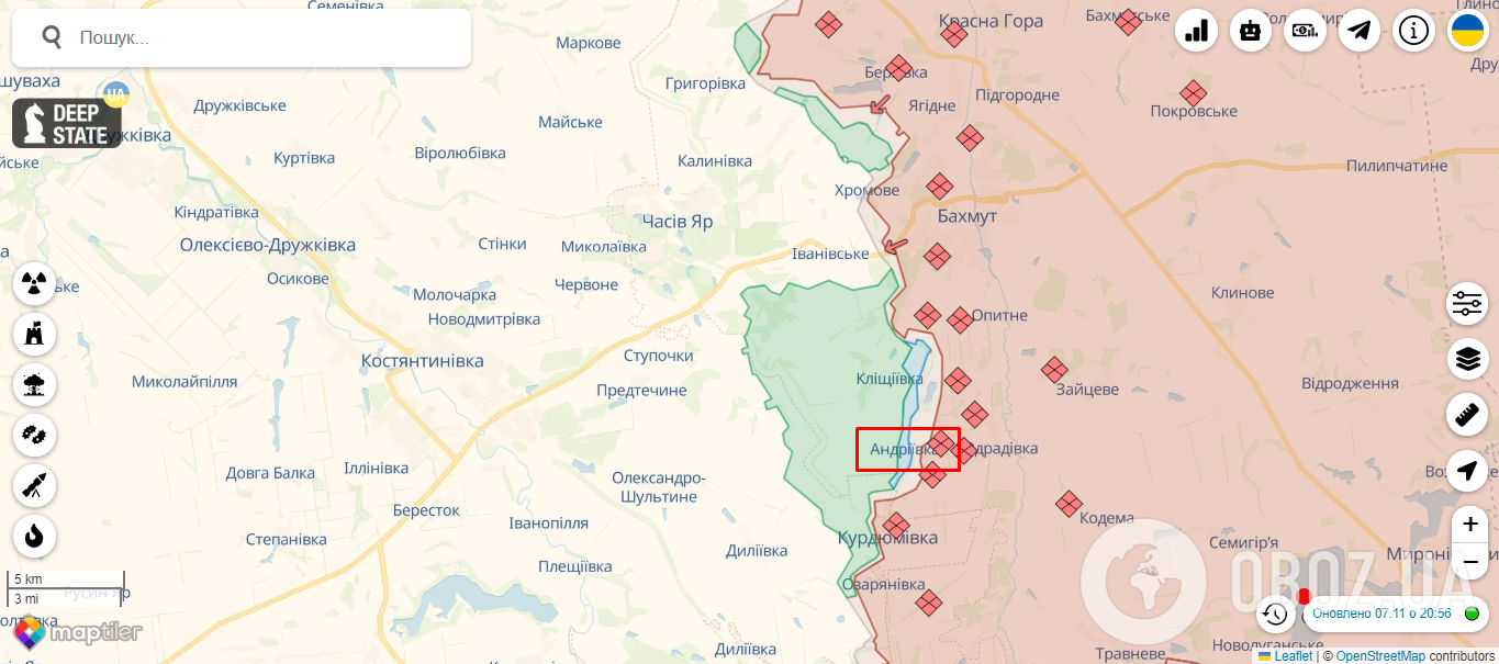 Село Андріївка під Бахмутом на карті