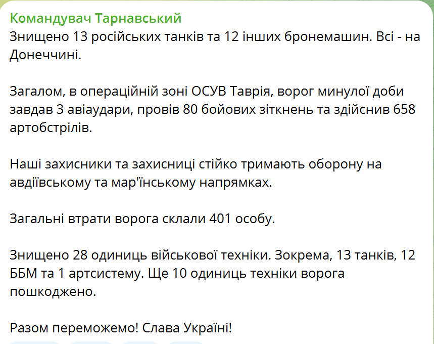 "Наши защитники и защитницы стойко держат оборону": Тарнавский рассказал о потерях врага на Таврическом направлении