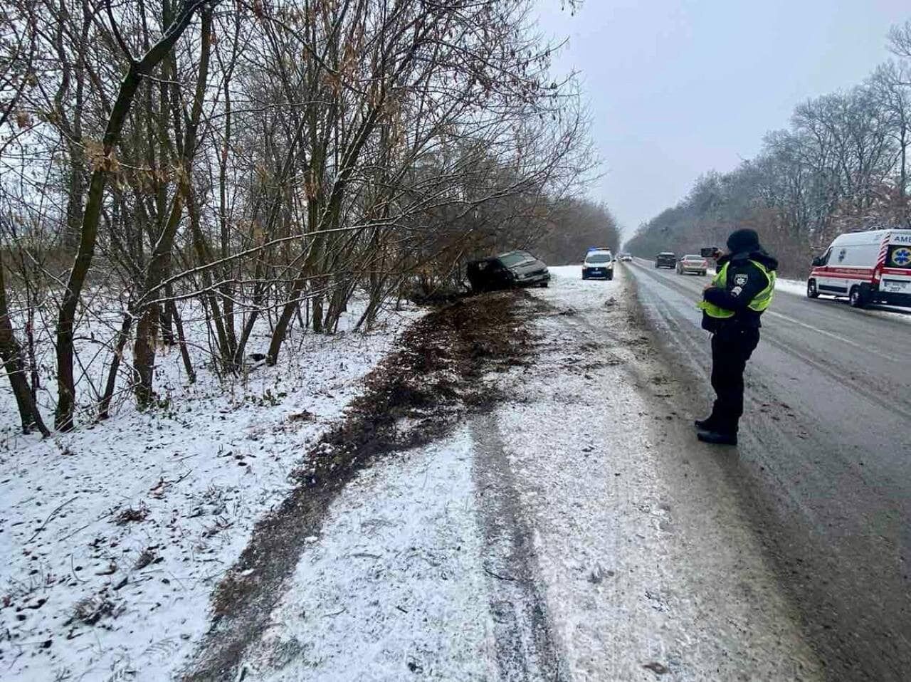 На Київщині Mercedes на швидкості з'їхав у кювет: машину зупинили дерева. Фото