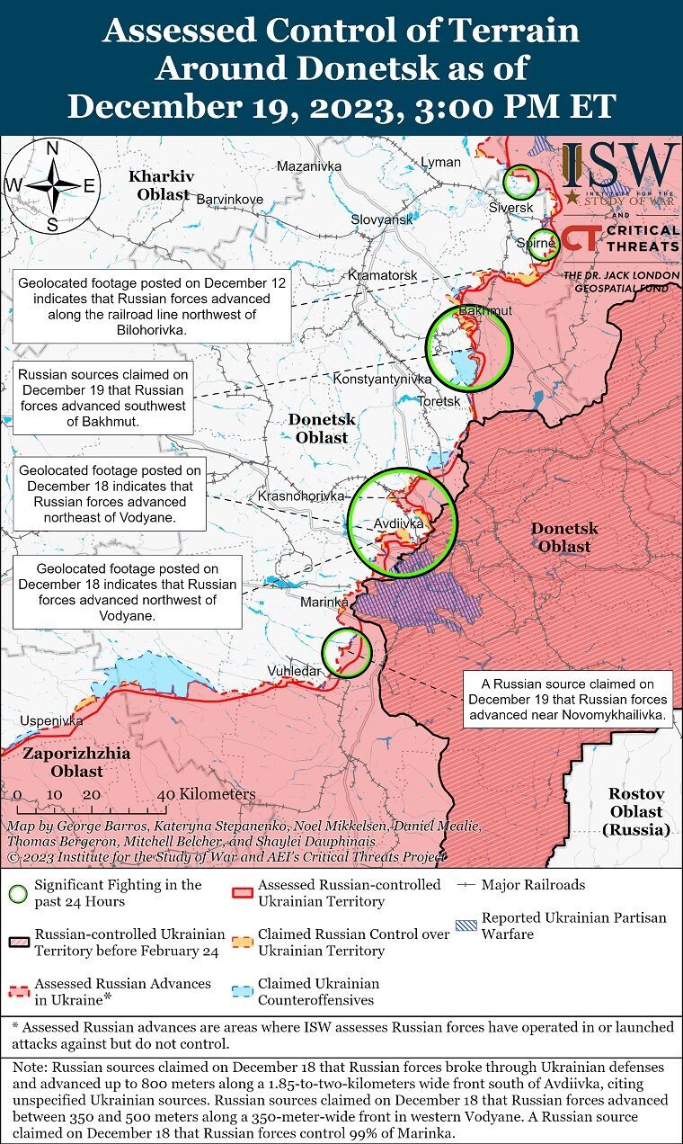 Війська РФ незначно просунулися біля Куп'янська і Авдіївки, на лівобережжі Херсонщини йдуть бої – ISW