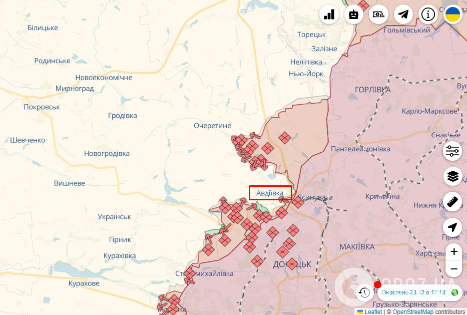 Авдіївка на карті бойових дій