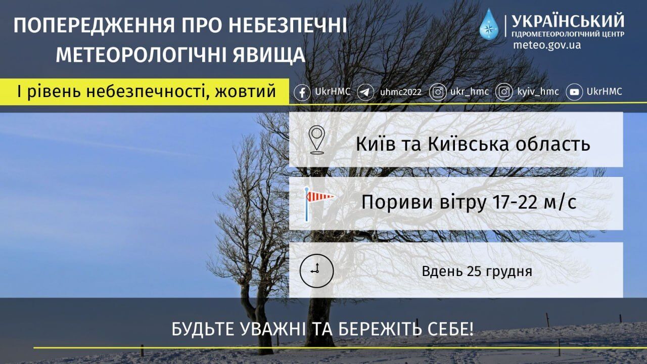 Мокрий сніг, дощ та пориви вітру: прогноз погоди по Київщині на 25 грудня