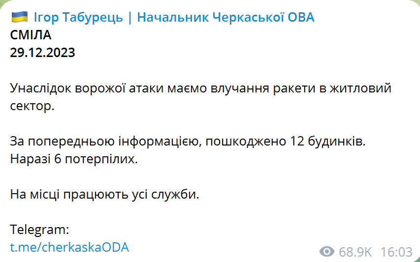 Россияне обстреляли ракетами Смелу в Черкасской области: поврежден 51 дом, есть пострадавшие. Фото