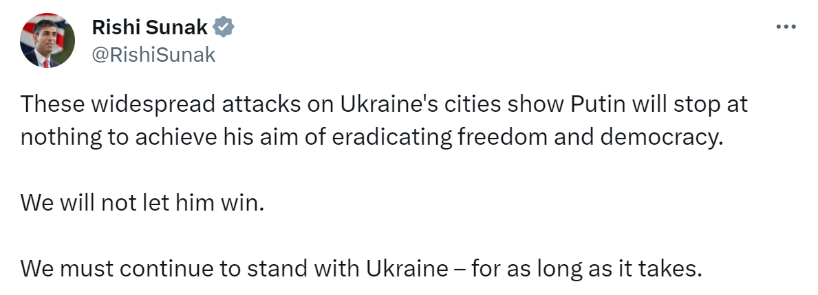 "Путин не остановится ни перед чем, но мы не дадим ему победить": Сунак прокомментировал ракетный обстрел Украины
