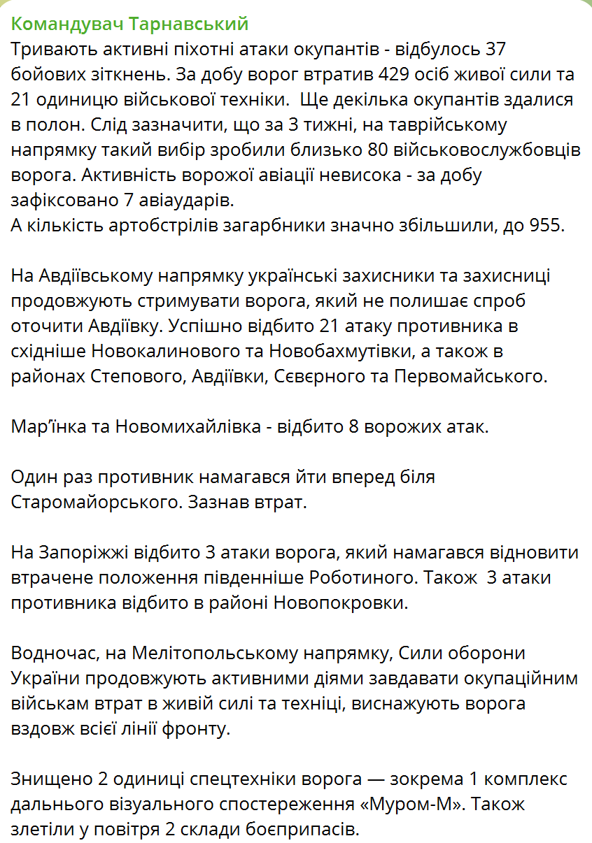 Окупанти збільшили кількість артобстрілів на Таврійському напрямку, але зазнають великих втрат, – Тарнавський 