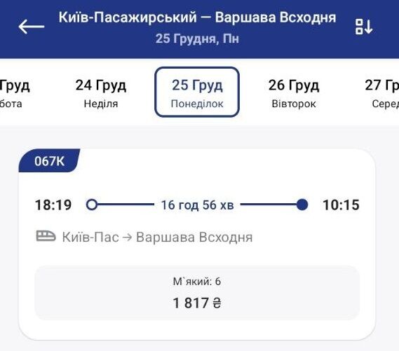 Скільки зараз коштують квитки на потяг із Києва до Варшави