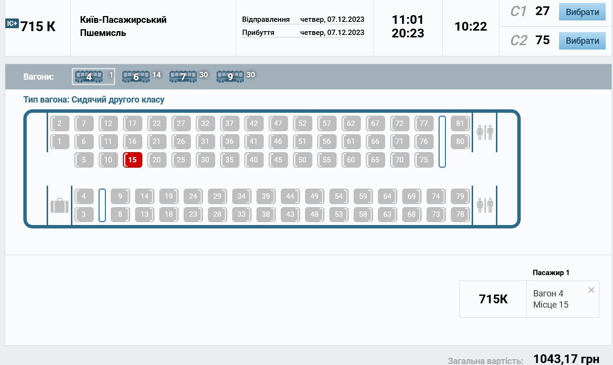 Скільки коштують квитки 2 класу поїзда з Києва до Перемишля