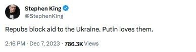 "Путін їх любить": легендарний Стівен Кінг дорікнув республіканцям, які блокують допомогу Украні