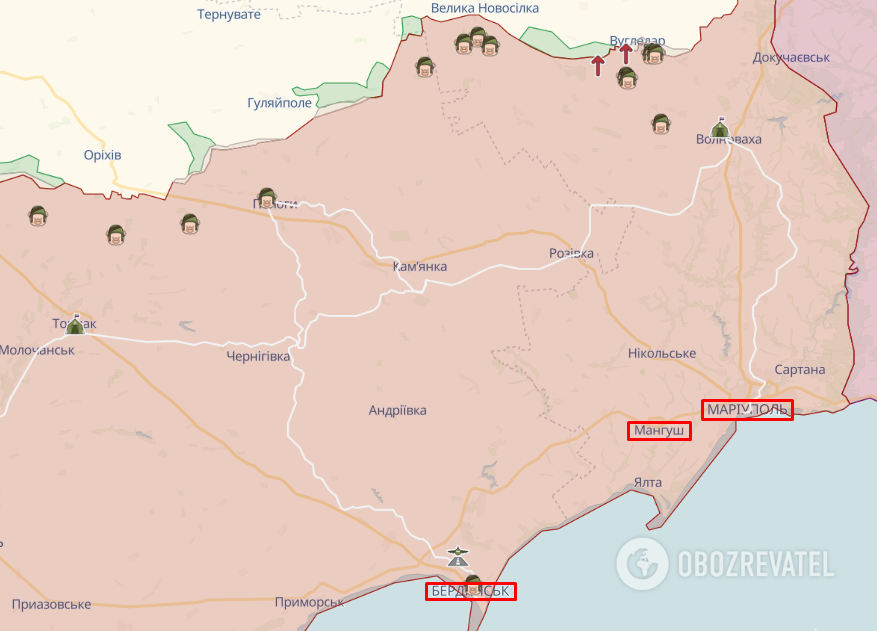 Мариуполь, Мангуш и Бердянск на карте