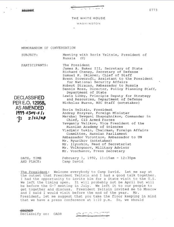 Єльцин ще у 1990-х роках називав Україну ''головним дестабілізуючим фактором'': у США розсекретили стенограму зустрічі президентів