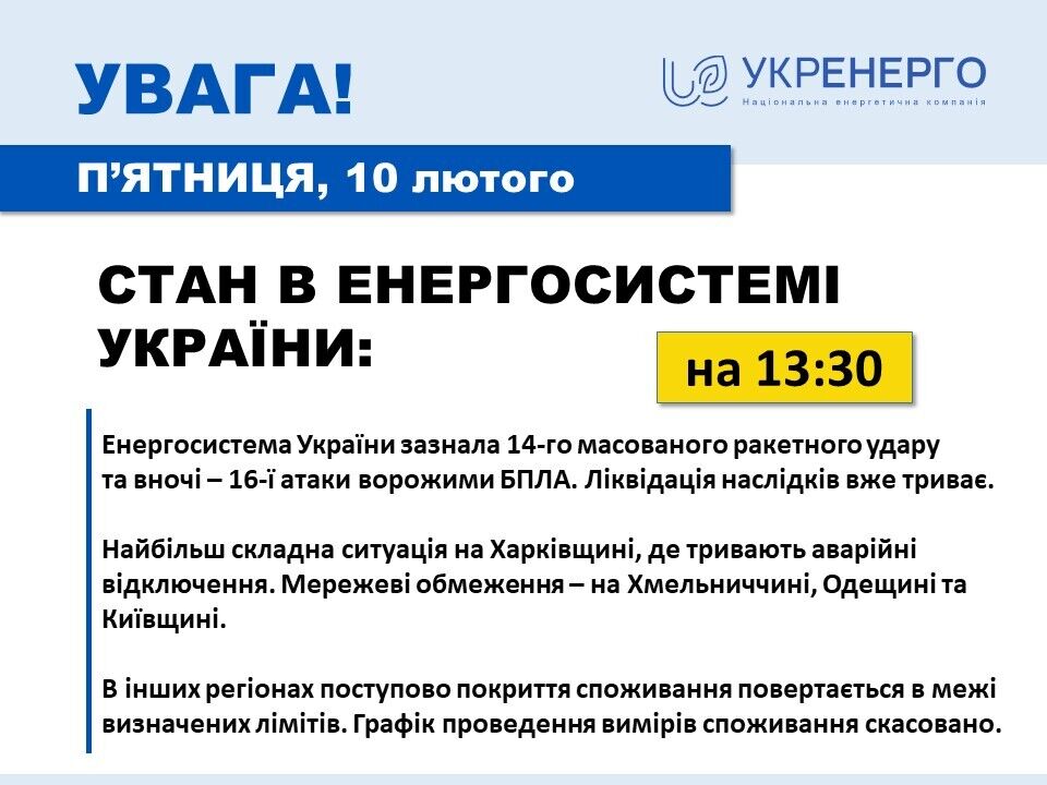 "Укрэнерго" отменило график проведения измерений фактического потребления электроэнергии