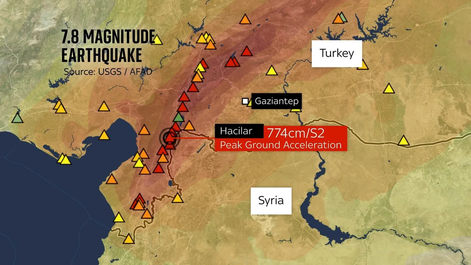Карта землетрусів у Туреччині 6-7 лютого 2023 року