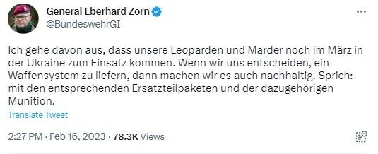 Немецкие Leopard и Marder будут на поле боя в Украине уже в марте, – немецкий генерал