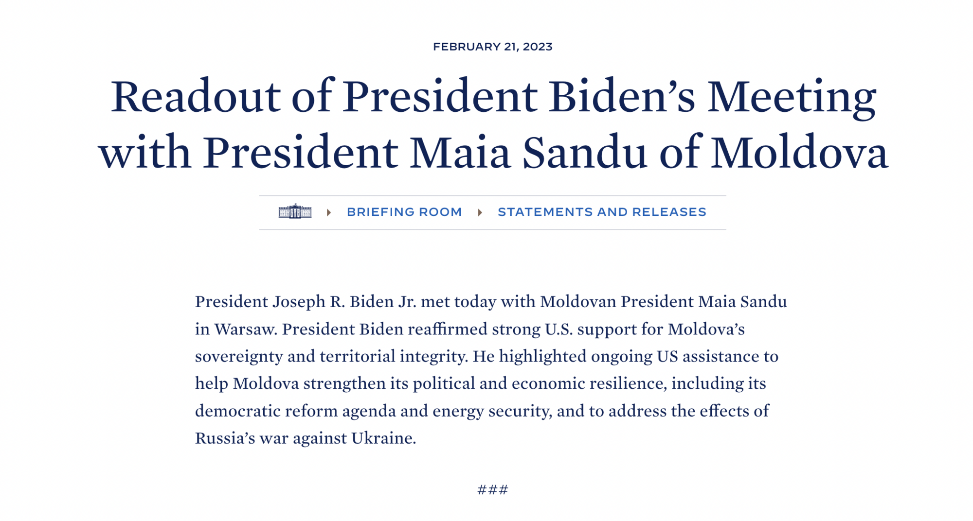 Байден у Варшаві зустрівся із Санду і запевнив у підтримці США суверенітету та територіальної цілісності Молдови