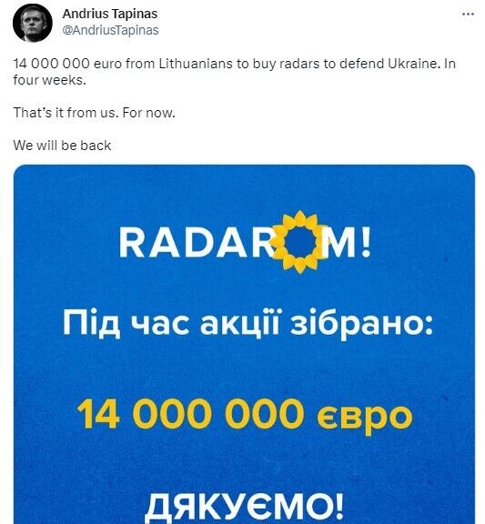 "Разом до перемоги": у Литві за місяць зібрали 14 млн євро на радари для України