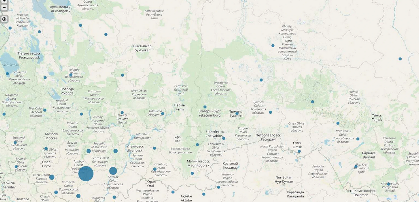 Расположение русскоязычных пользователей, упоминающих Tether в Twitter и Telegram (февраль-ноябрь 2022 г.)