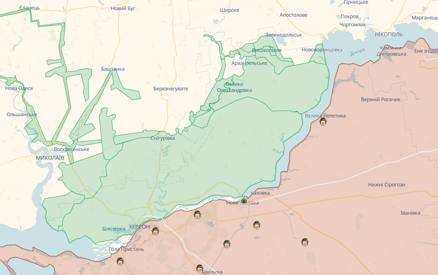 Карта лінії фронту на Херсонщині.