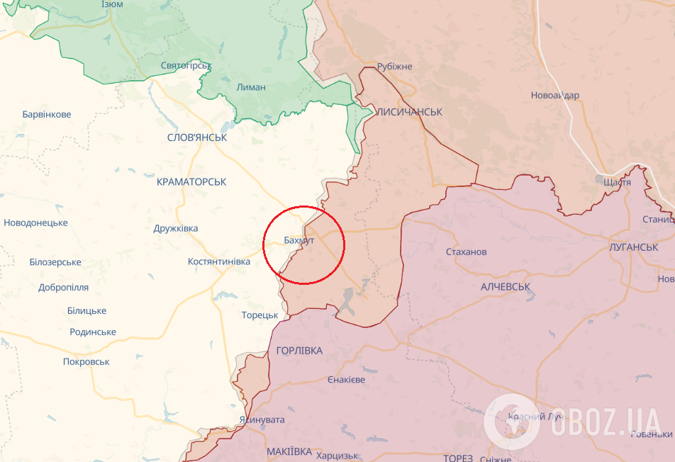 Бахмут на карте боевых действий в Украине