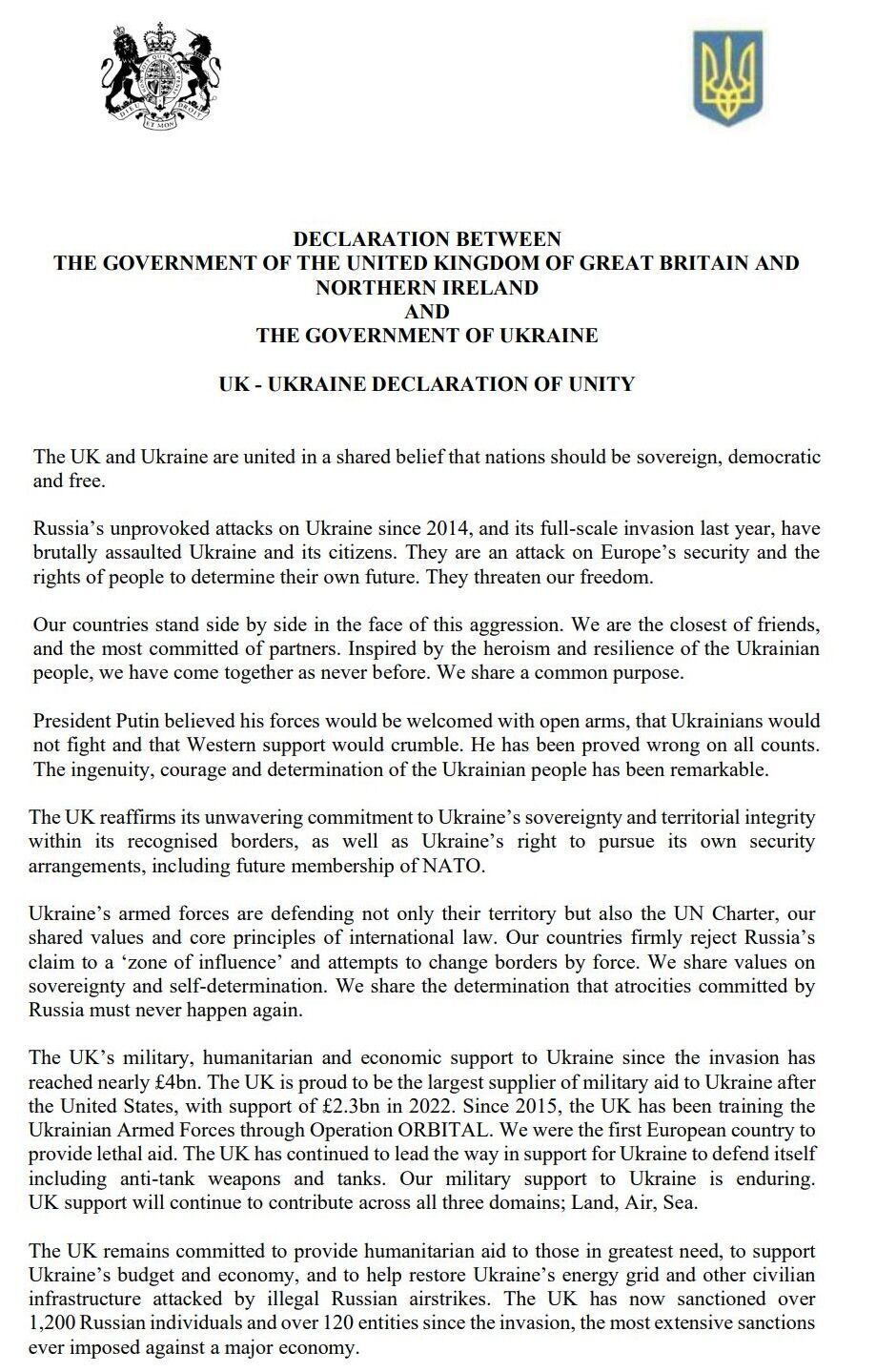 "Вместе построим сильную Украину": что предусматривает Лондонская декларация, подписанная Зеленским и Сунаком