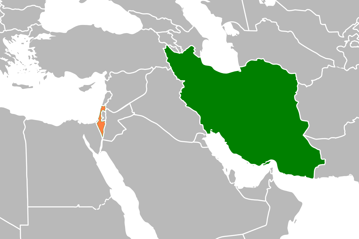 Ізраїль (помаранчевий) та Іран (Зелений) на карті Близького Сходу