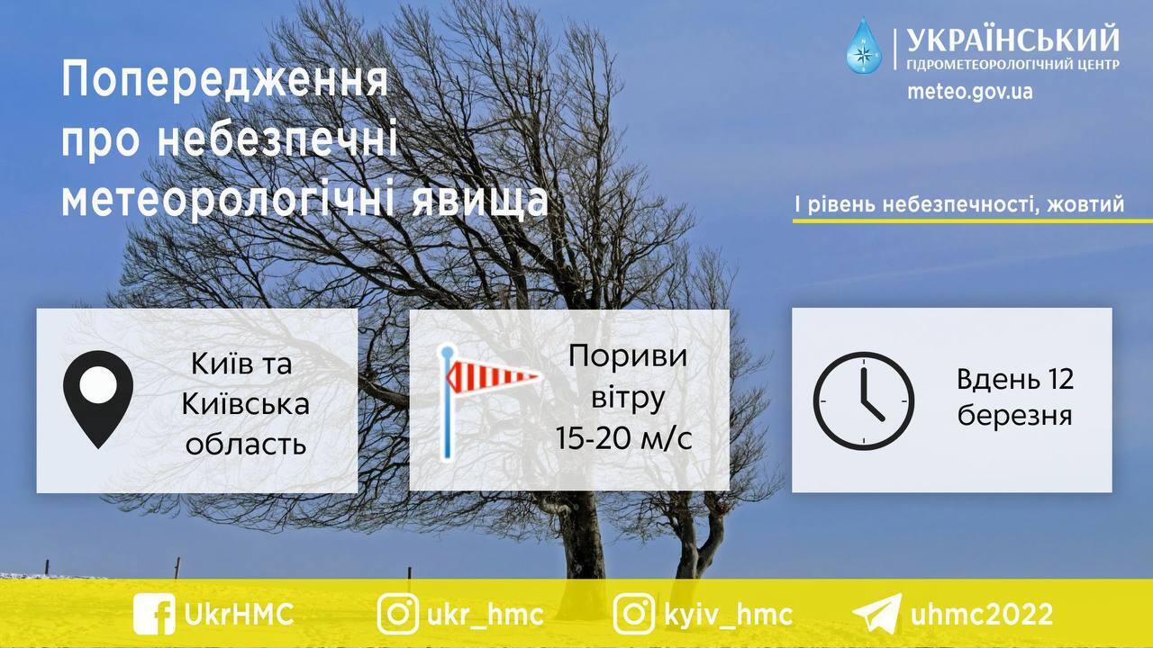 Невеликий сніг та пориви вітру: прогноз погоди по Київщині на 12 березня