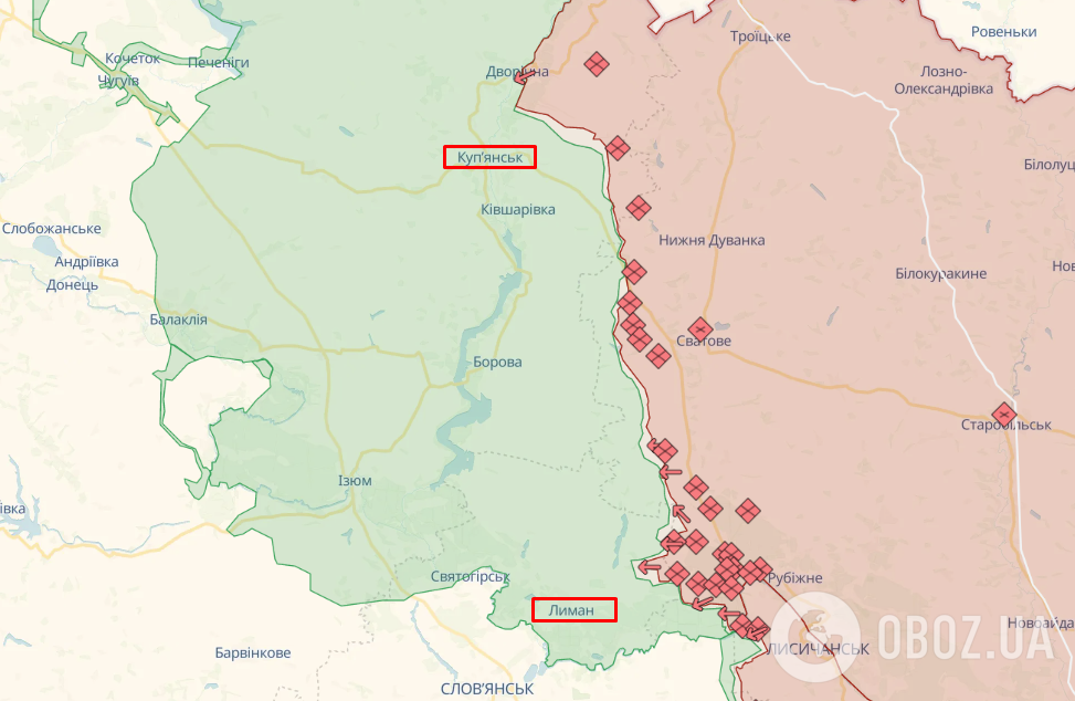 Купянск и Лиман на карте боевых действий