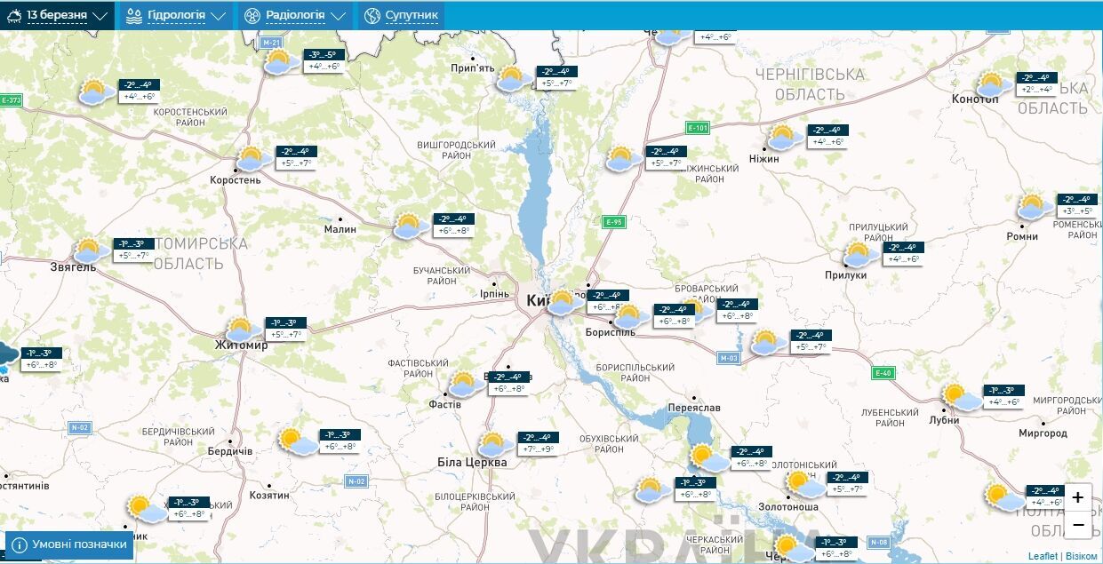 Без опадів та до +9°С: детальний прогноз погоди по Київщині на 13 березня