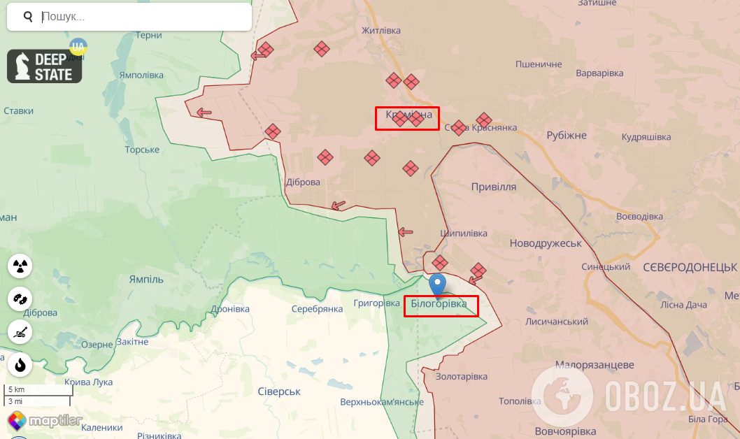 Кремінна та Білогорівка на карті