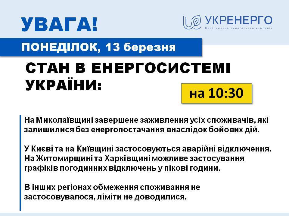 В ряде регионов Украины 13 марта будут применяться отключения электроэнергии