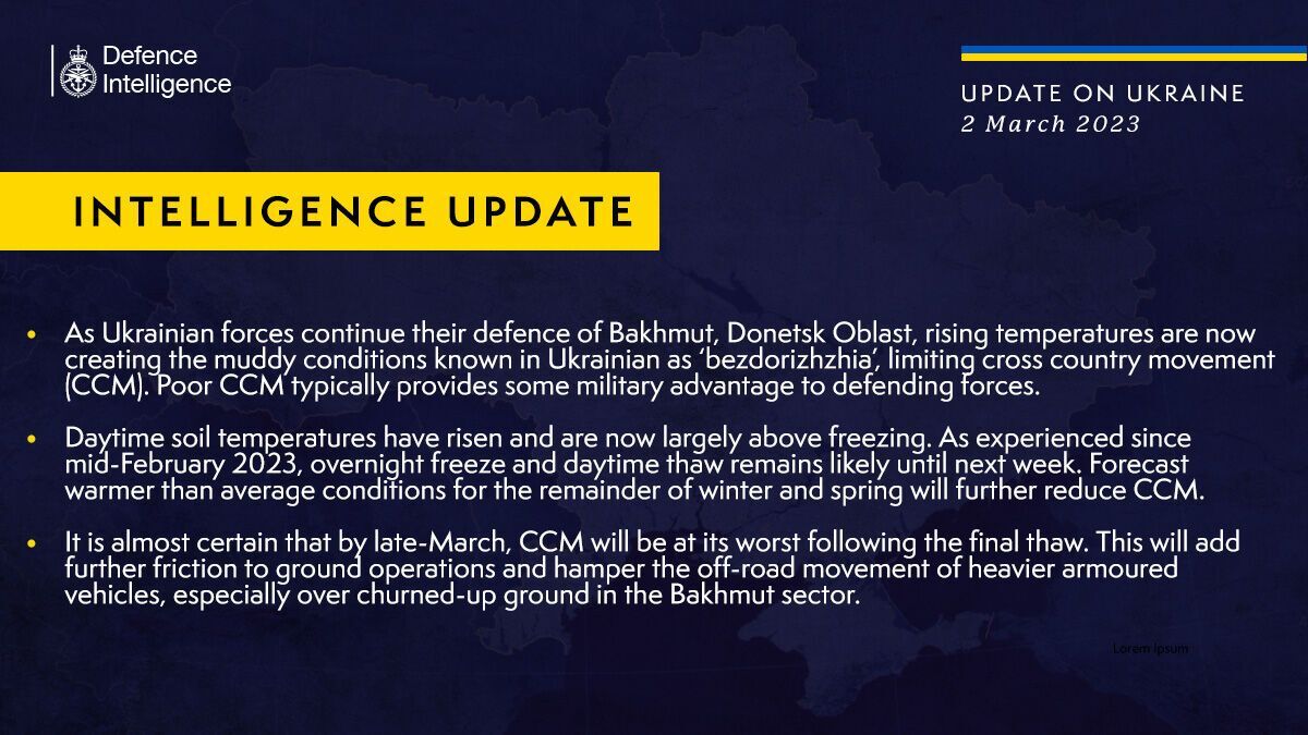 Розвідка Британії дала прогноз, як вплине зміна погоди на хід боїв за Бахмут