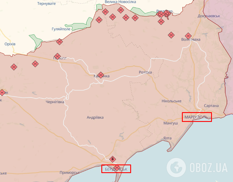 Временно оккупированные Мариуполь и Бердянск на карте