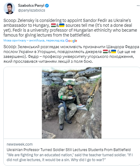 Послом України в Угорщині може стати "професор з окопів" Федір Шандор, фото якого на передовій сколихнуло мережу