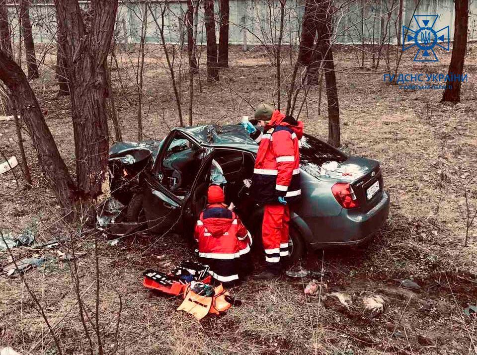 В Киевской области легковушка на скорости протаранила дерево: пострадавшего деблокировали спасатели. Фото