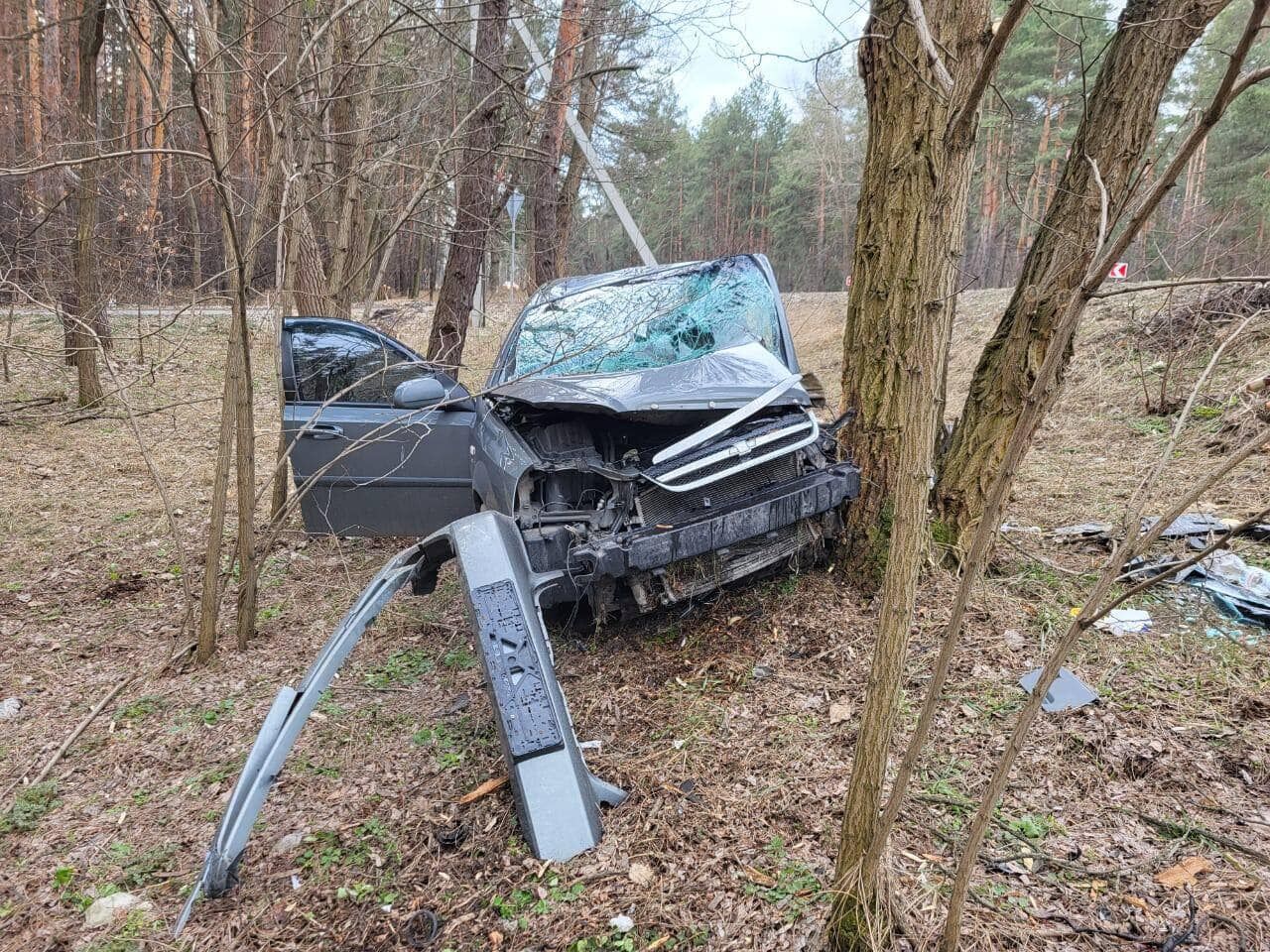 На Київщині легковик на швидкості протаранив дерево: потерпілого деблокували рятувальники. Фото