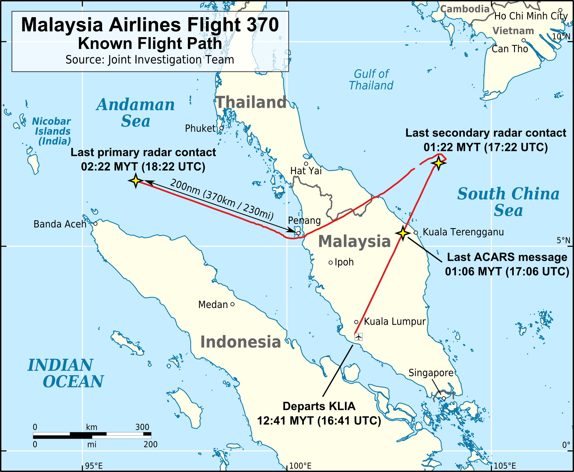 Примерный маршрут самолета после исчезновения с радаров