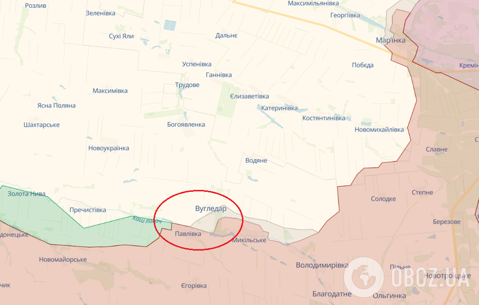Угледар на карте войны в Украине