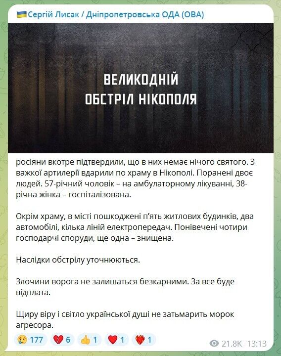 На Великдень російські військові обстріляли храм у Нікополі: двох людей поранено