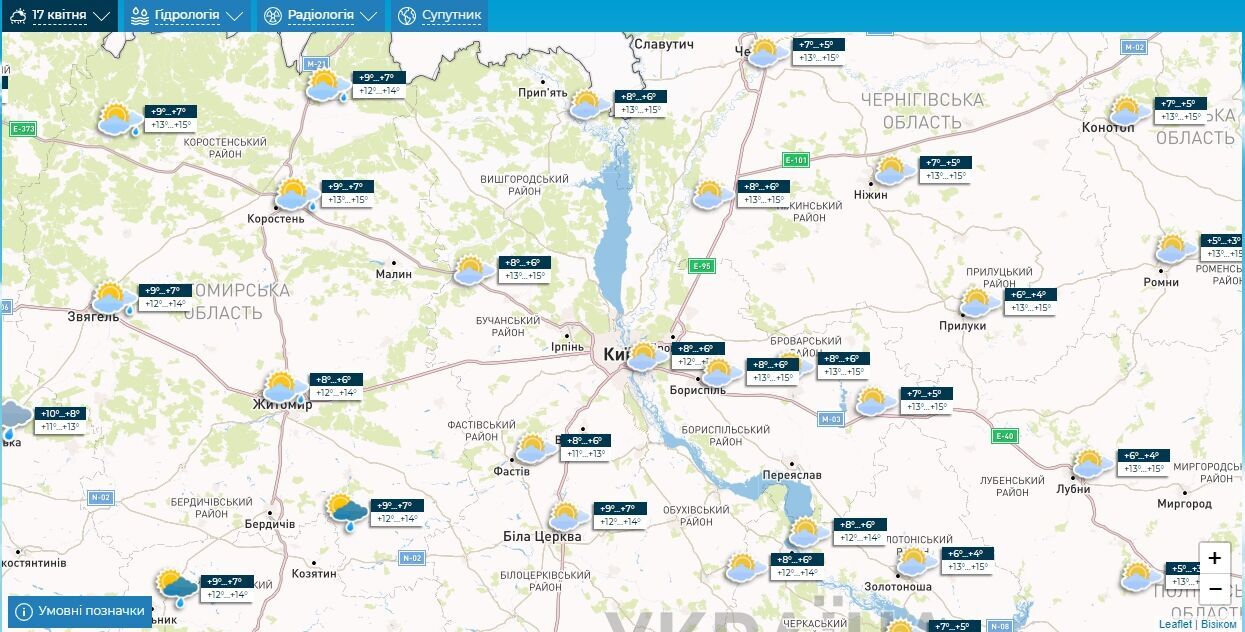 Хмарно з проясненнями та до +16°С: детальний прогноз погоди по Київщині на 17 квітня